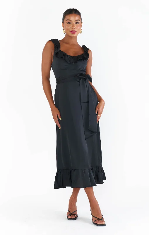 Alexis Midi Dress ~ Black Luxe Satin