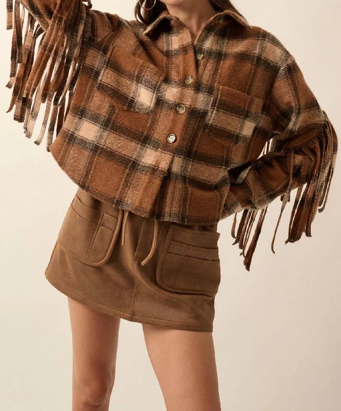 Up The Country Plaid Fringe Shacket In Brown